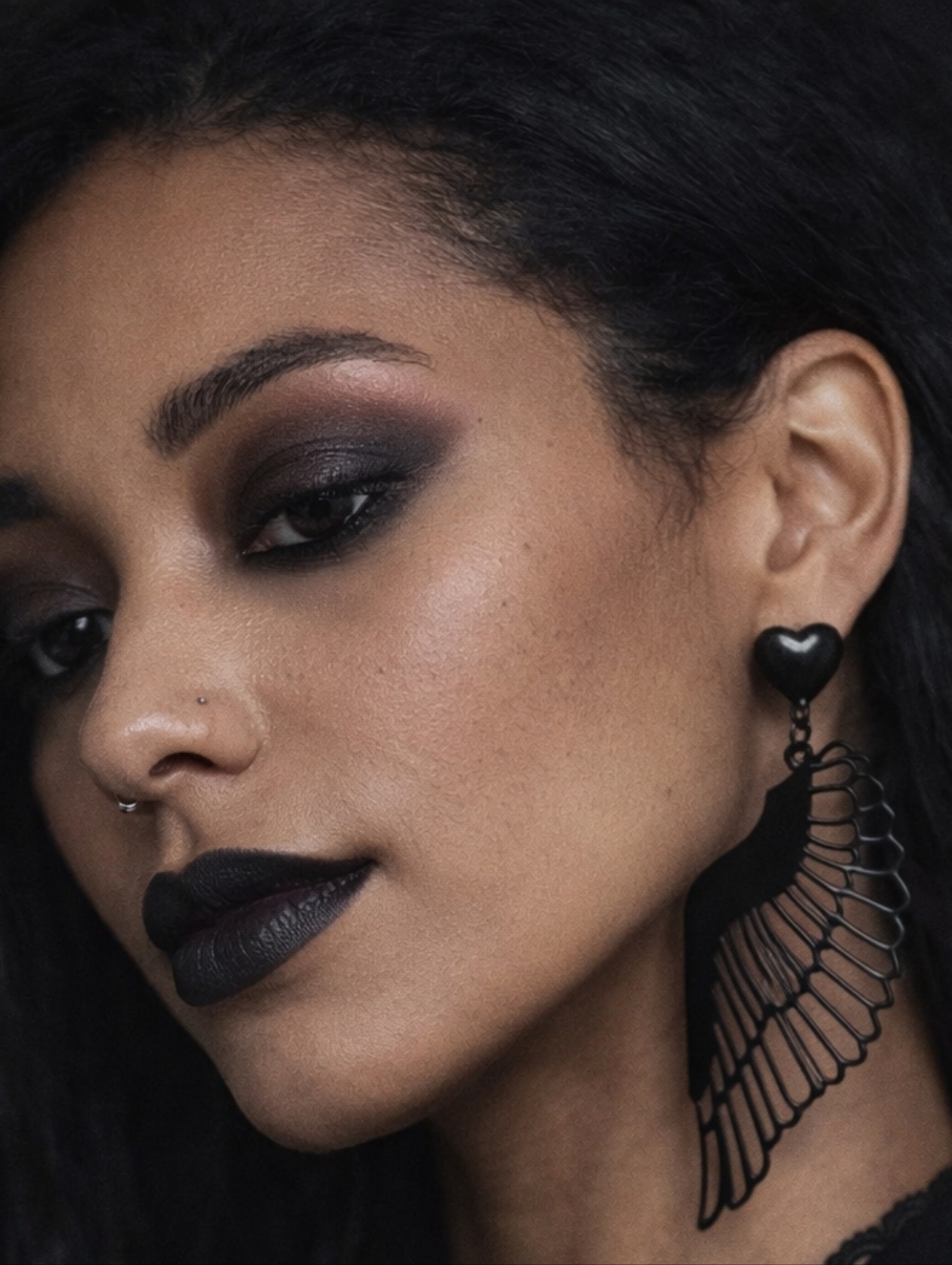 Black Gothic Wing Heart Drop Earrings | Edgy Statement Jewelry